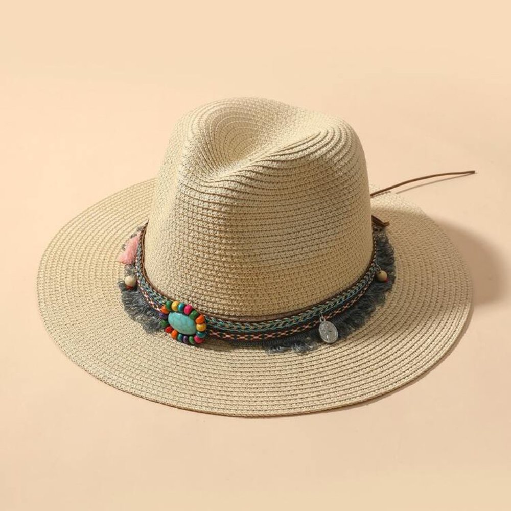 NEW TASSEL & BEAD DECOR STRAW HAT